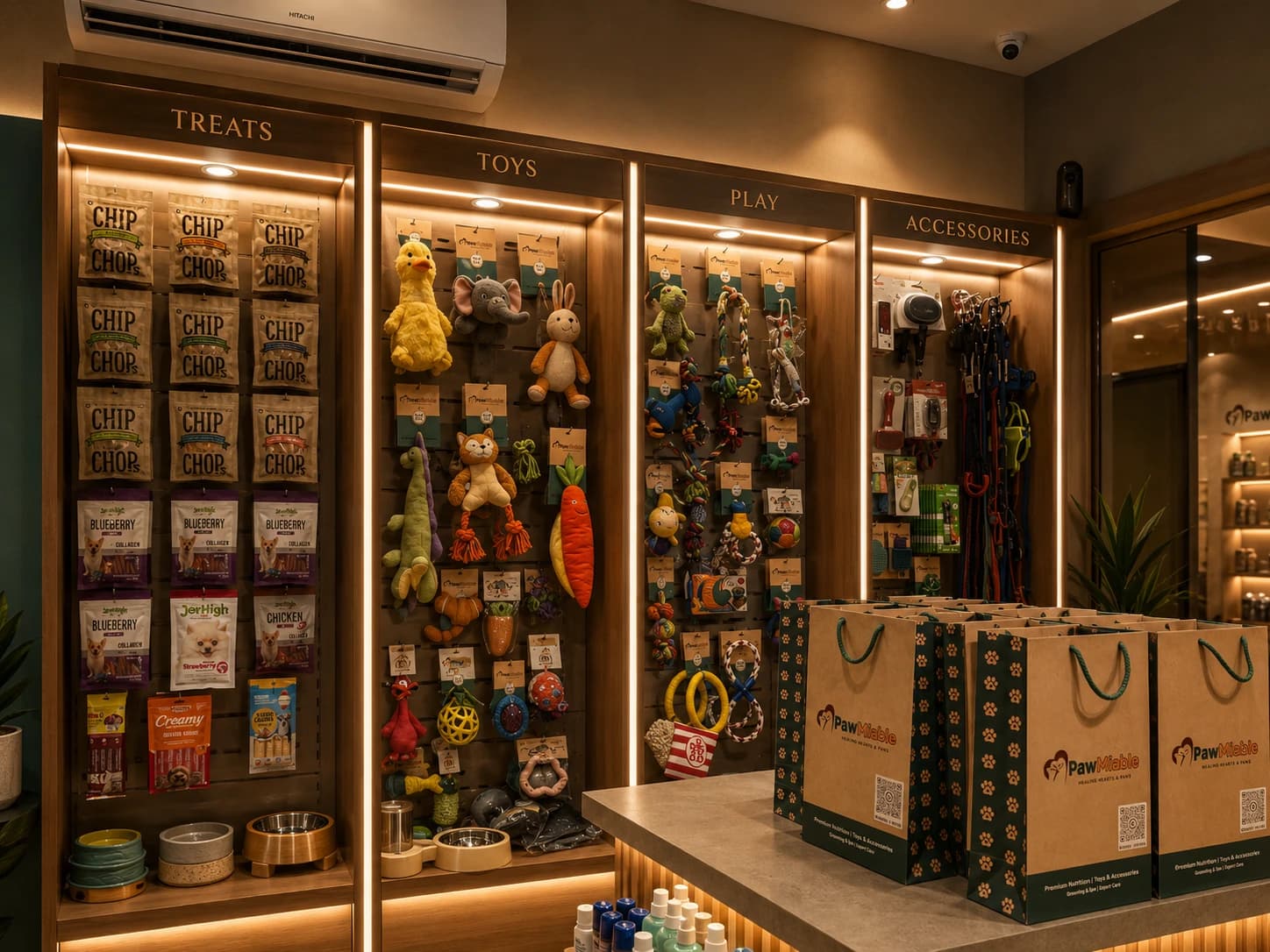 Pet supplies section inside the Pawmiable store, Gurgaon