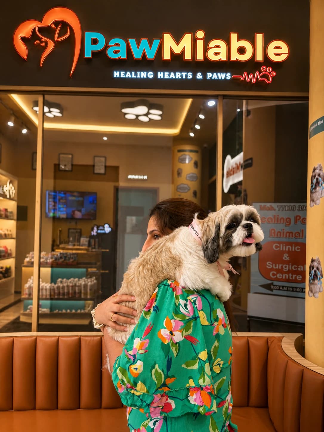 A dog getting a gentle bath at Pawmiable