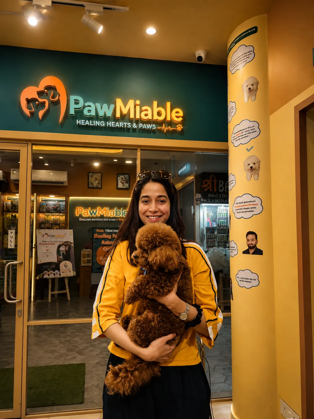A happy pet parent with their dog at Pawmiable