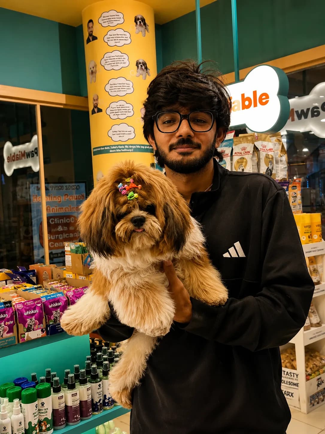 A family with their freshly groomed pet at Pawmiable