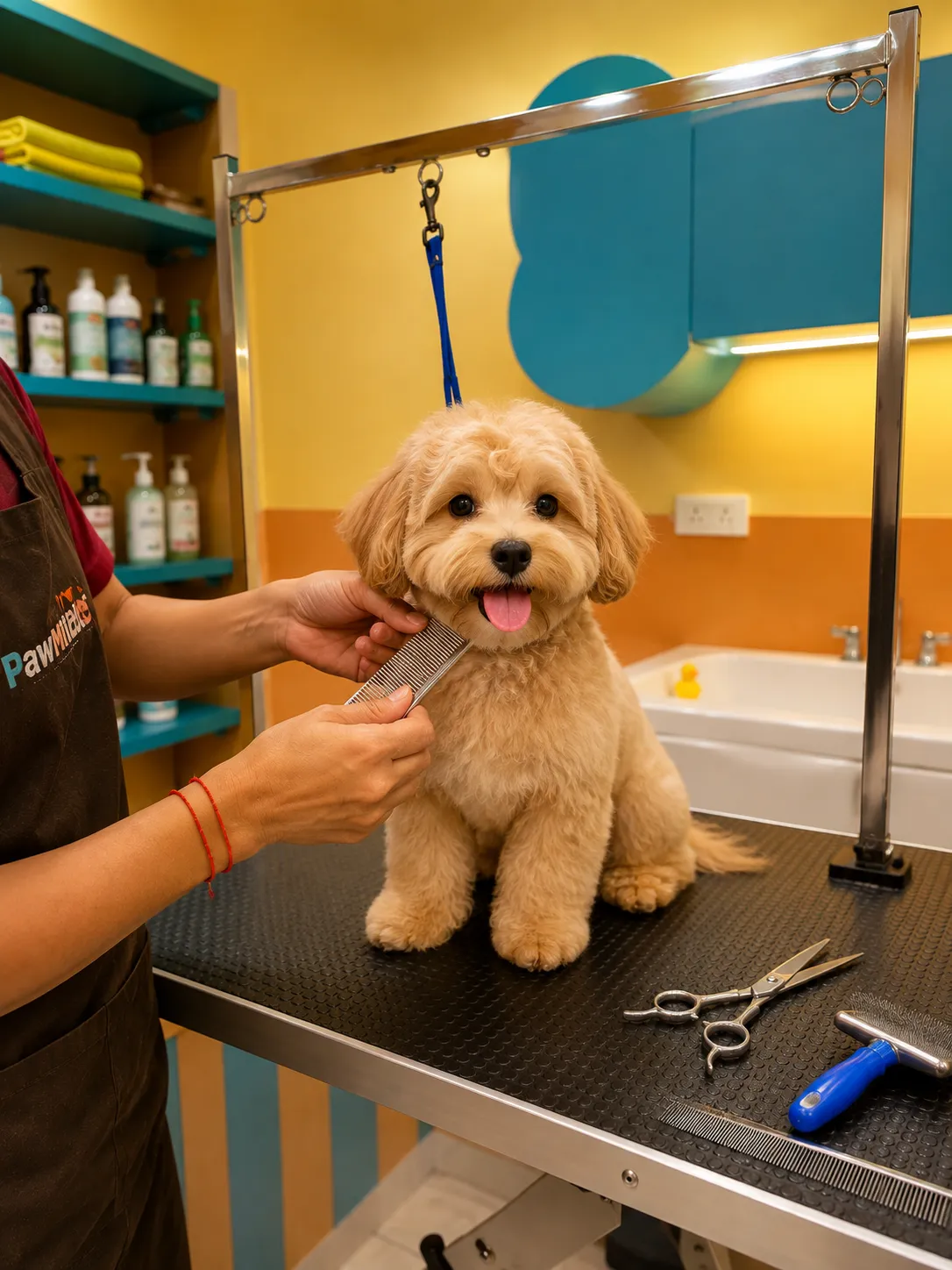 Puppy getting a gentle first groom at Pawmiable, Gurgaon